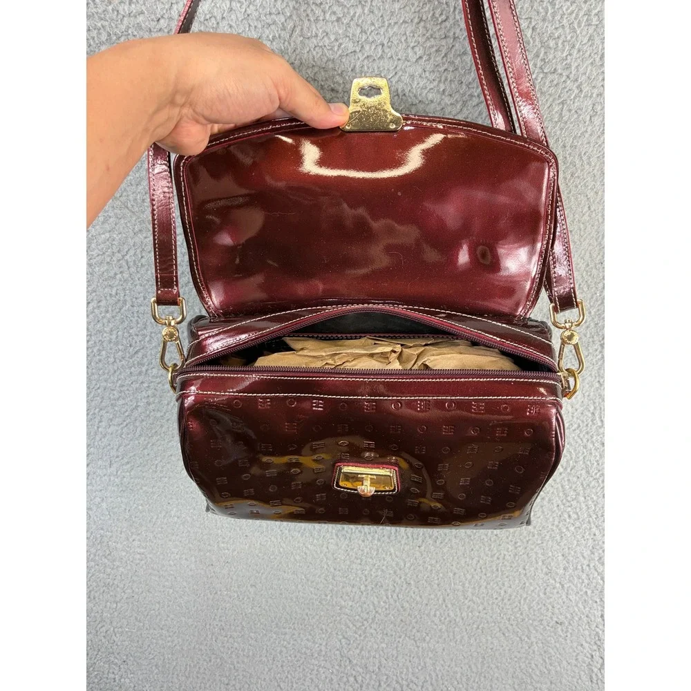 Arcadia Monogram Embossed Satchel Crossbody Bag Womens M Burgundy Patent Italy
